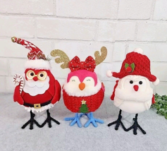 Christmas Birds Fabric Red White Pink Felt Hat Scarf 9&quot; Tall 3 Pc Figure... - $24.99