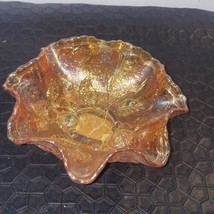 Vintage Imperial Open Rose Luster Marigold Carnival Pressed Glass Ruffled Bowl - £22.22 GBP