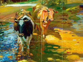 Country Animals Cows In Creek Stream Ceramic Tile Mural Backsplash Medallion - £46.54 GBP+