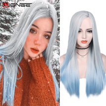 White to Blue Long Straight Synthetic Wig Ombre Hair For Women Middle Pa... - $48.99