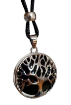 Black Obsidian Necklace Tree  Of Life Gemstone Pendant Cord Chakra Apache Tear - $5.83