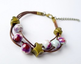 [Jewelry] Nice Color Ceramic Bead Star Heart Rope Handmade Strand Bracelet - £7.07 GBP