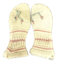 VTG Hand Knit Kids Mittens Ivory Pink Stripe Embroidered Wool Repairable - $34.68 CAD