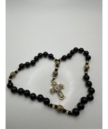 Vintage 13&quot; Gold and Black Bead Prayer Cross Bracelet Pocket Rosary BrB4 - $19.80