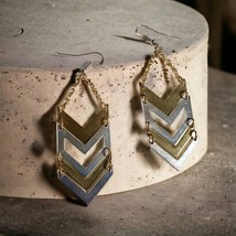 Chevron Arrow Vintage Hook Earrings Two Tone Metal Womens Drop Jewelry Costume - £10.84 GBP