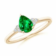 ANGARA Pear Emerald Solitaire Ring with Trio Diamond Accents in 14K Gold - £2,177.90 GBP