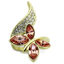 Light Peach Crystal Butterfly Ring Gold Plated Stainless Steel TK316 - £17.52 GBP