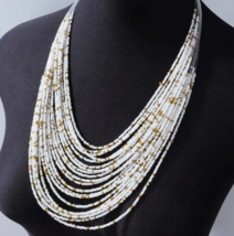 White Gold Boho Seed Bead Necklace Handmade Adjustable Multichain Beaded - £7.58 GBP