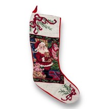 Christmas Stocking Wool Needlepoint Velvet backing Santa Toys 22” VTG - £31.64 GBP