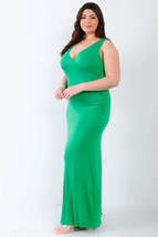 Plus V neck Sleeveless Loose Plain Long Maxi Casual Green Dress - $35.00