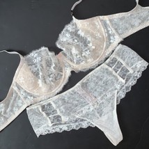 Victoria&#39;s Secret unlined 36DD BRA SET XL thong ivory coconut WHITE lace floral - £47.46 GBP