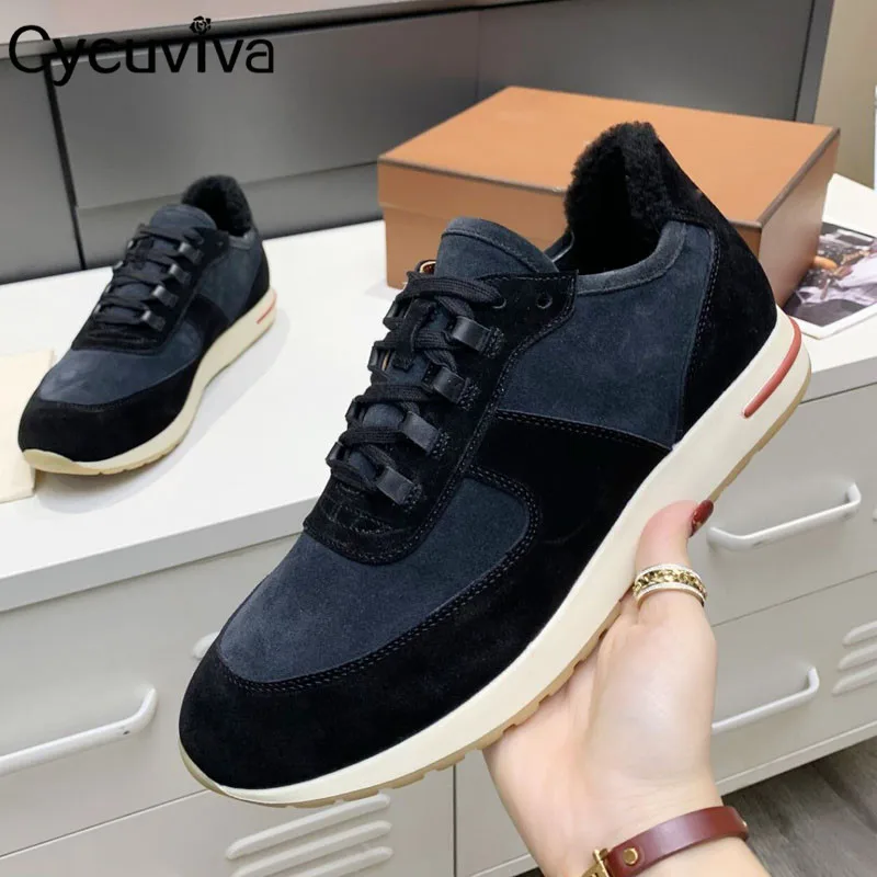 New winter wool men sneakers kidsuede lace up ankle fur flat shoes male warm down plush thumb200