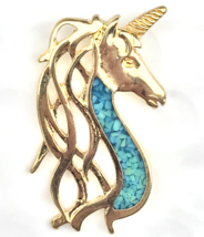 Unicorn Pin Brooch Gold Tone Turquoise - £9.91 GBP