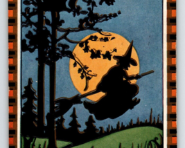 Halloween Postcard Witch On Broom Full Moon Trees Checker Whitney Fantasy 1928 - £55.19 GBP