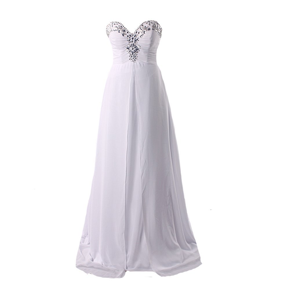 Kivary Women's Long A Line Chiffon Slit Crystals Beaded Prom Evening Dresses Whi