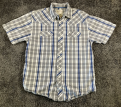 Route 66 Plaid Shirt Men Medium Grey Blue Western Pearl Snap Cotton Shor... - $12.75