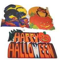 Halloween Die Cut Cutouts Cat Pumpkin Owl Spooky Set of 3 Vintage - £21.46 GBP