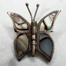 Vintage Signed Mexico Silver Tone Abalone Shell Inlay Butterfly Brooch Pin - £10.16 GBP