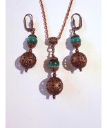 Emerald green Chrysoberyl copper jewelry set Victorian copper set lace b... - $73.24 CAD