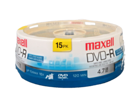 Maxell 4.7 GB DVD-R 15pk  Spindle Write Once / Single Sided Blank Media 120 Min - $14.95