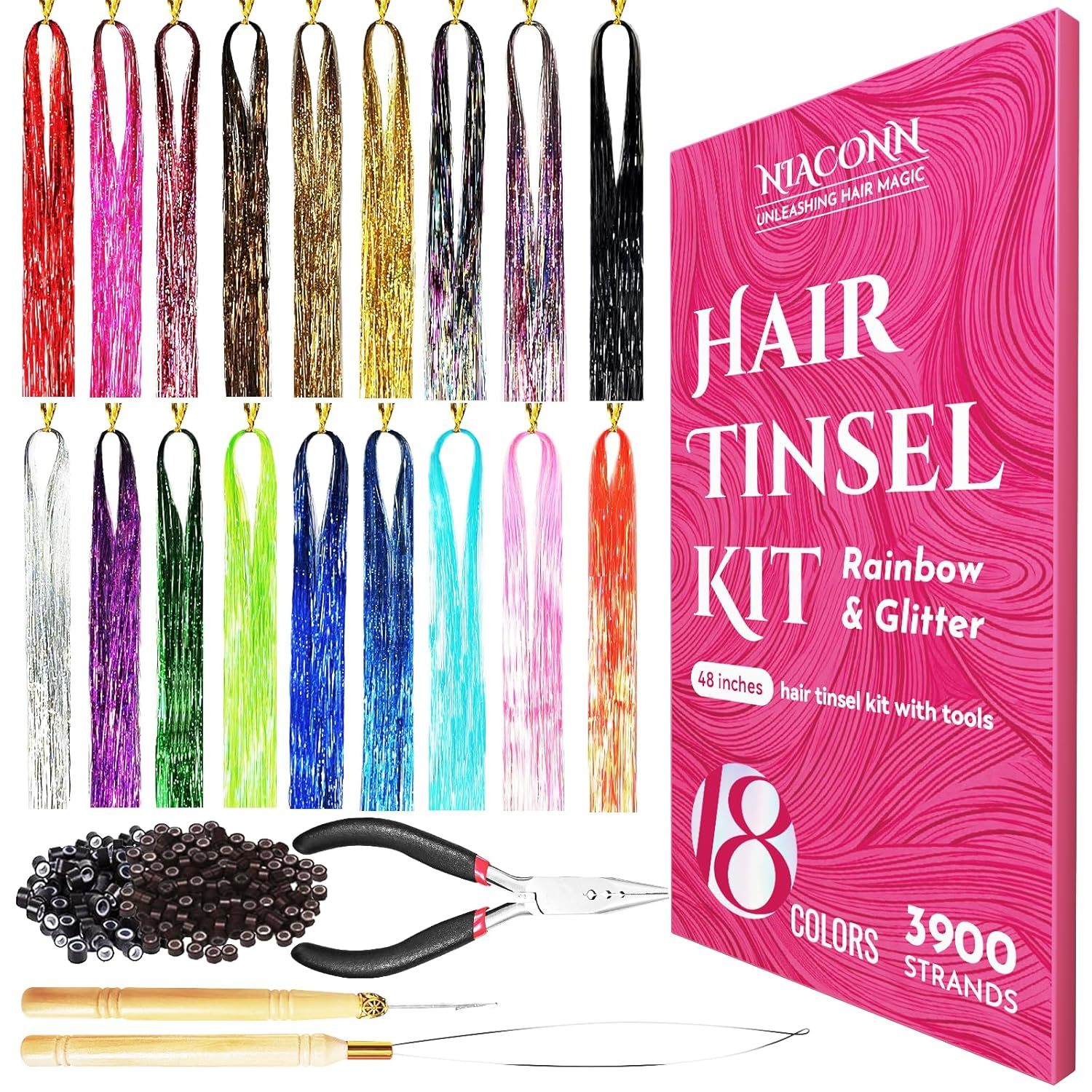 NIACONN Glitter Hair Tinsel Extensions Kit 18 Colors with Tools and Bead... - $29.37