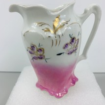 Vintage Ceramic Porcelain Cream Pitcher Creamer Vase White Pink Floral Gold 4.75 - £17.39 GBP