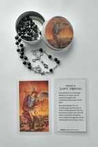 St. Michael Screw Top Pocket Rosary Case &amp; Black Rosary &amp; Laminated Prayer Card - £10.87 GBP