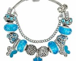 European Bead Silver Snake Bracelet with Charms Blue Murano Heart Butter... - $11.99