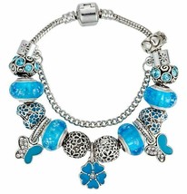 European Bead Silver Snake Bracelet with Charms Blue Murano Heart Butterfly USA - £9.42 GBP