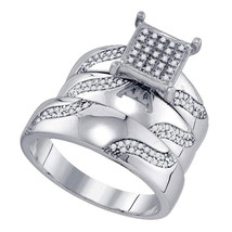 Sterling Silver His Her Round Diamond Cluster Matching Bridal Wedding Ring Set - £313.40 GBP