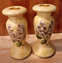 Hand Painted Floral Ceramic 6&quot; Tall Candlesticks Lilacs Botanical Black Bottoms - $19.48