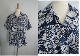 Vintage Andrade Hawaii Men tiki floral blue white cotton shirt navy blue M - $39.60