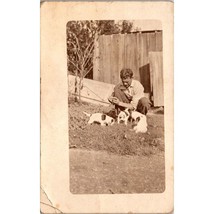 Antique AZO RPPC Lifestyle Postcard, Man Kneeling to Share Bread with Pu... - £44.63 GBP