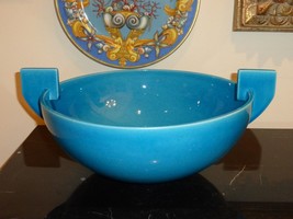 Vintage Huge Turquoise Blue Crackle Glaze Bowl with Modern Handles 16 5/... - $246.51