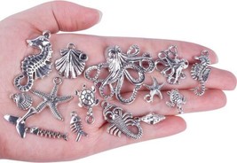 5 Sea Charms Antiqued Silver Ocean Jewelry Supplies Octopus Starfish Set Mixed - £4.32 GBP