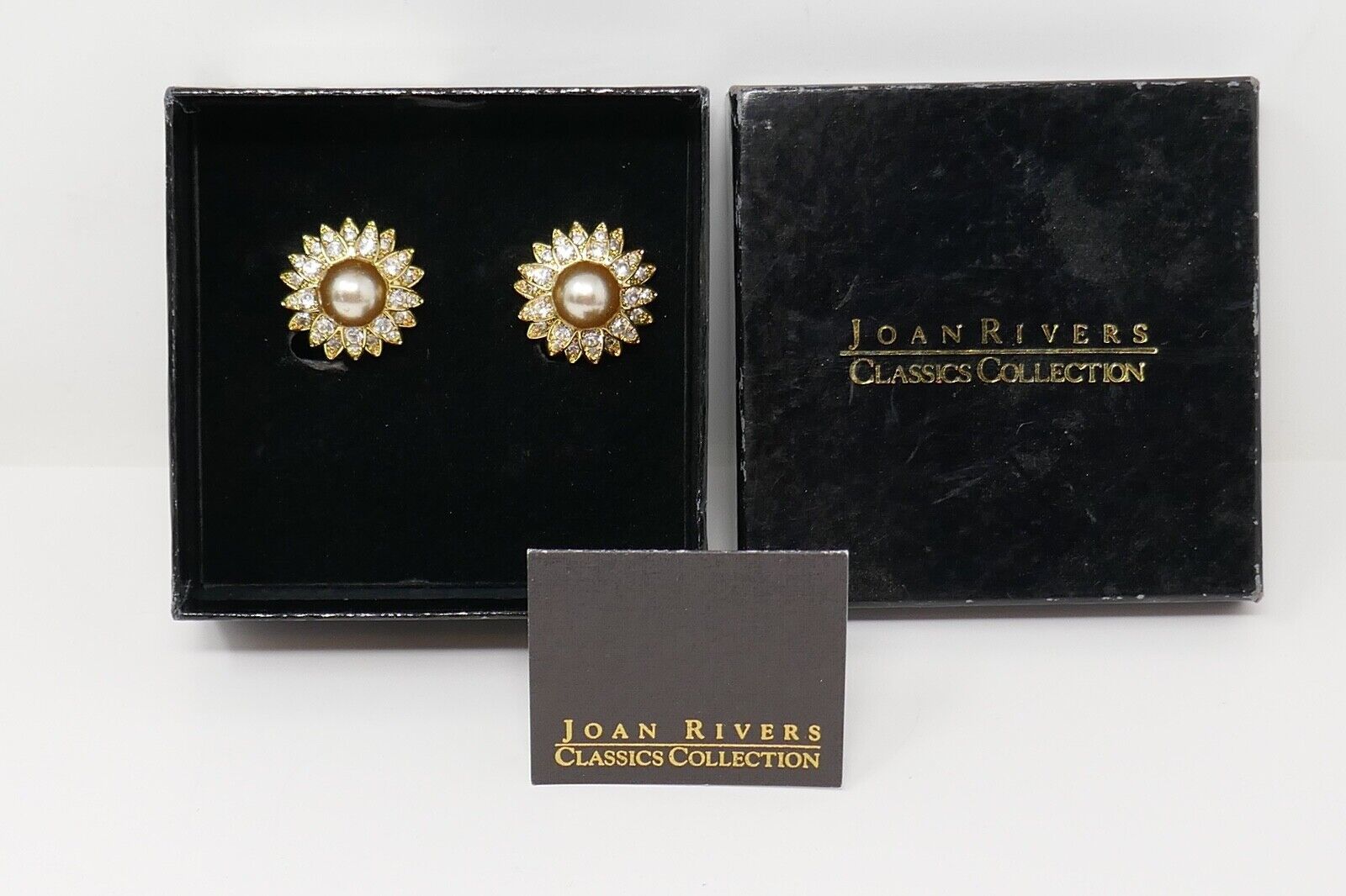 Primary image for Joan Rivers Gold Tone Faux Gray Pearl Flower Rhinestone Clip On Earrings