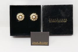 Joan Rivers Gold Tone Faux Gray Pearl Flower Rhinestone Clip On Earrings - £35.58 GBP