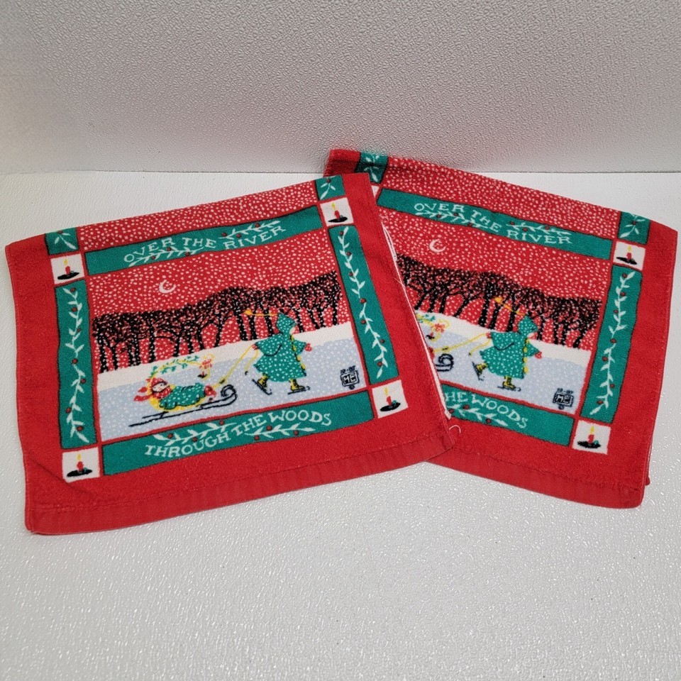 Two Vintage Leshner Christmas Hand Towels Over The River Through The Woods - $29.36