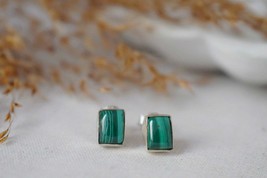 Small Natural Malachite Stud Earrings Sterling Silver, Rectangle Stud Earrings,  - £31.97 GBP