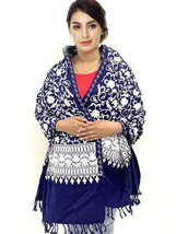 Women&#39;s Kashmiri Blue Color Stole Paisley Flower Embroidered Wool Shawl Cashmere - £62.14 GBP