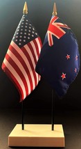 1 American &amp; 1 New Zealand Mini Rayon 4&quot;x6&quot; Desk Flag Set with White 2-H... - $13.95