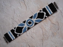 Bracelet: Turquoise/Black/White, Mandala Motif, Tube Slide Clasp, Peyote Stitch - £30.67 GBP