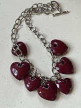 Silvertone Chain w Rusty Red Plastic Faceted Heart Fringe Necklace – 16 inches - £11.85 GBP