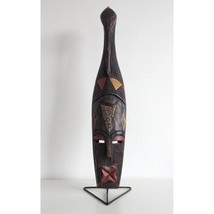 African Carved Wood Mask, Ghana, Handcrafted, Stand, Large, Vintage - £27.95 GBP