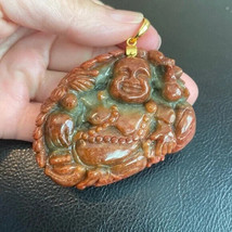 14K Real Gold Carved Natural Red Jade Happy Laughing Buddha Pendant Large Heavy - £399.59 GBP
