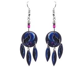 Howling Wolf Animal Graphic Round Long Dangle Earrings - Womens Fashion Handmade - $17.81