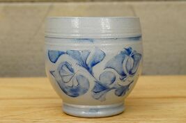 MCM 1979 Salt Glaze Signed Art Pottery Cobalt Blue Floral Coffee Cup Mug - $24.74