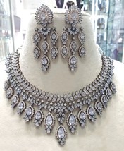 Noir Finition Indien Bollywood Style Zircone Bijoux Cou Collier Earrings Set - £141.92 GBP