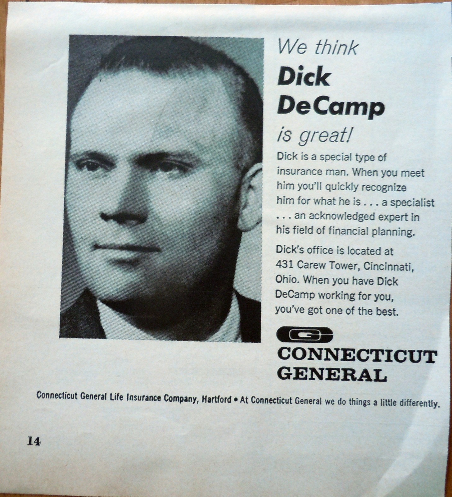 Dick DeCamp Connecticut General Insurance Print Magazine Advertisement 1968 - $3.99