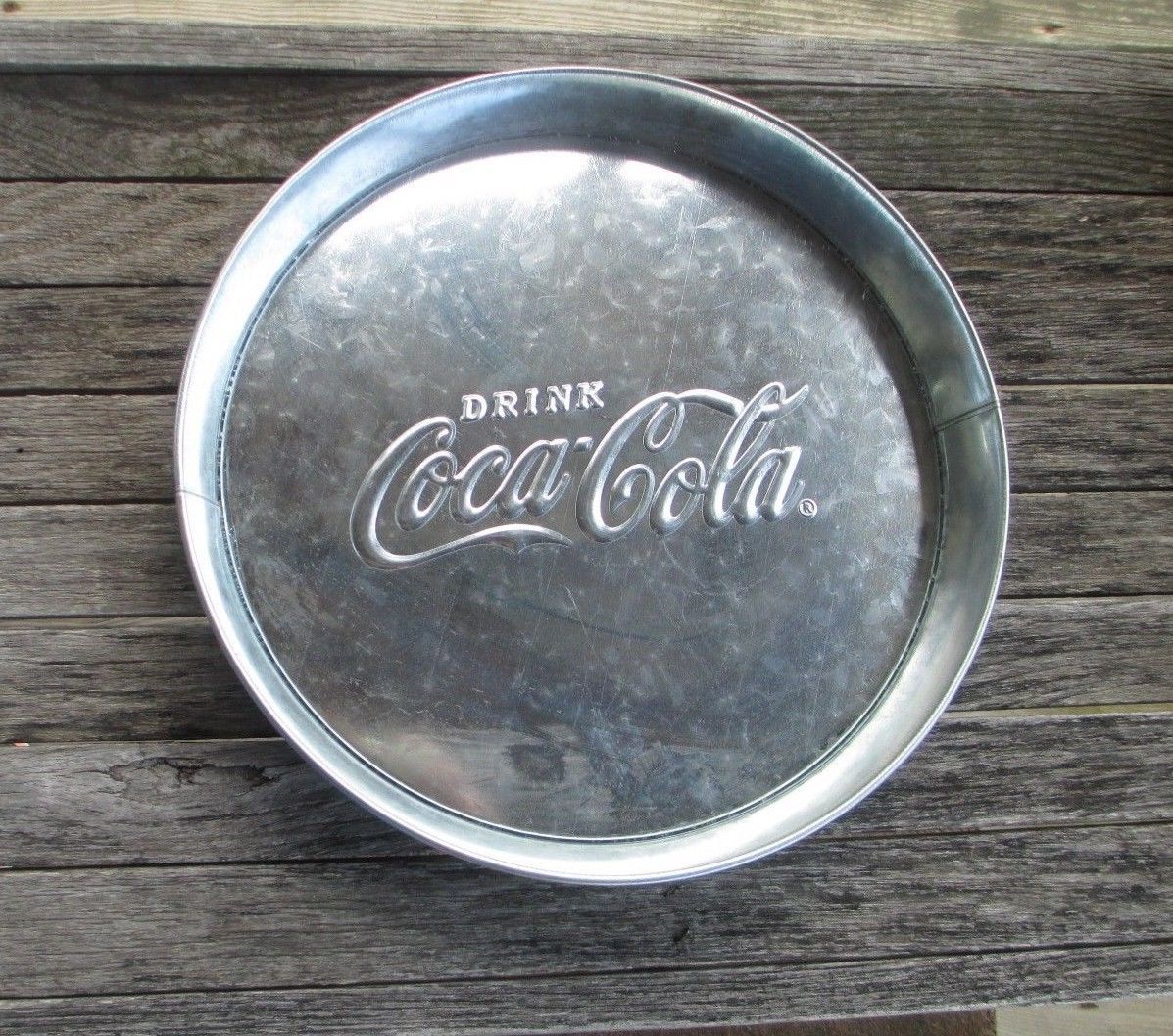 Primary image for Coca-Cola Galvanized 12" Round Tray Embossed with Script Logo